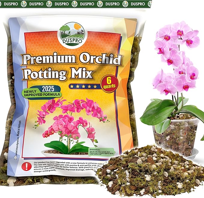 [Upgraded] DUSPRO Orchid Potting Mix for Repotting with Forest Moss, Pine Bark, Perlite & Pumice Natural Ingredients, Orchid Bark Potting Mix, Orchid Repotting Kit Drainage Indoor Potting Medium 6QT