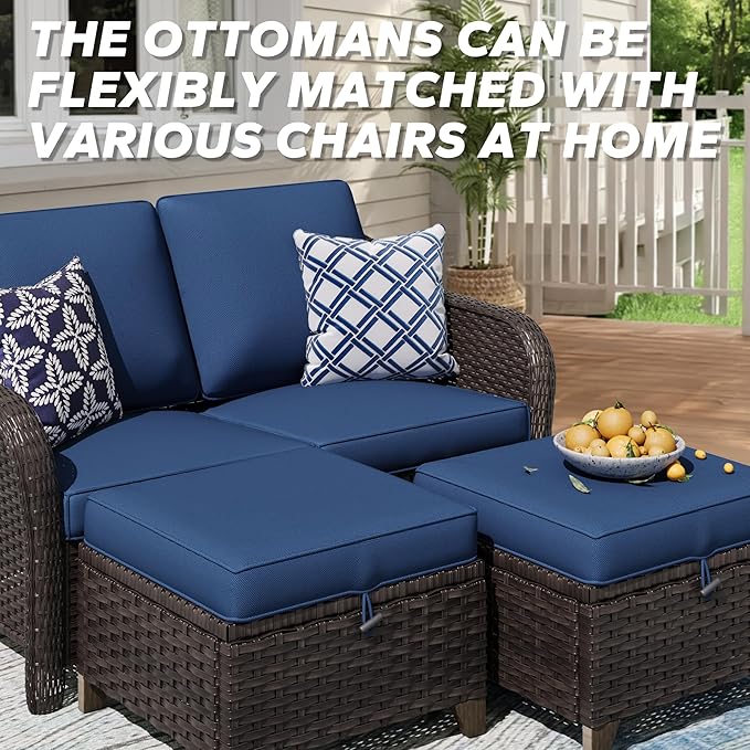 2 Pieces Patio All-Weather Wicker Ottomans with Cushions, PE Rattan Outdoor Conversation Furniture Set for Backyard, Deck, Lawn (Navy Blue)