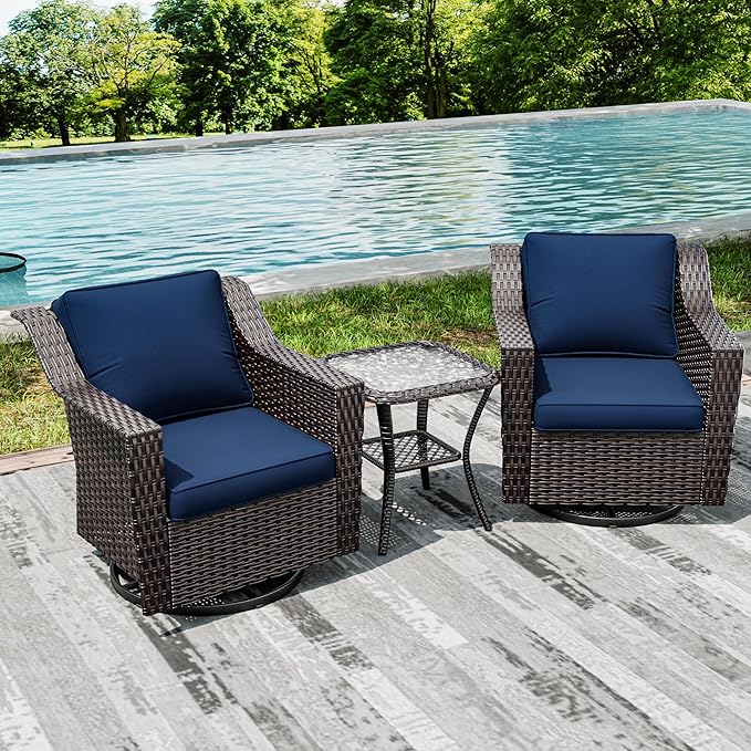 Joyside Wicker Patio Furniture Sets, 3 Pieces Upgraded Large Size Outdoor Furniture with 2 Patio Swivel Chairs and 1 Side Table, Thick Cushions, Wide Armrest