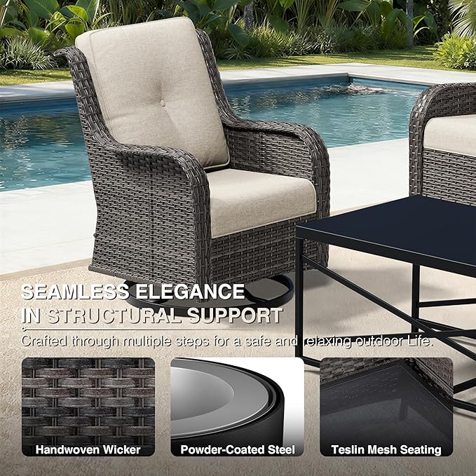 Joyside 4 Piece Wicker Patio Furniture Set, Outdoor Swivel Rocker Patio Chairs with High Back, Deep Seating, Wide Armrest, Thickened Cushions, Outdoor Furniture for Deck, Porch Use