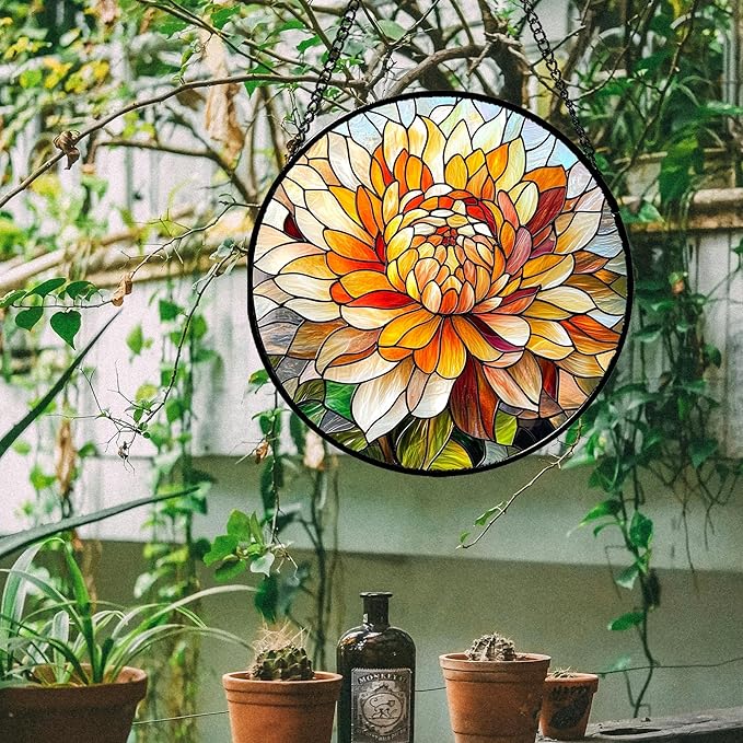 Stained Glass Window Hanging - Chrysanthemum Suncatcher for Doors Garden Patio Birth Flowers Sun Catchers Decor Christmas Mother's Day Birthday Gifts for Women Men Mom Nana Friend 7.8 in