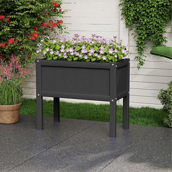 Raised Garden Bed with Drainage Hole Waterproof HDPE Elevated Planter Box with Legs Stable and Durable to Plant Herb Vegetable Flower,Patio,Balcony Outdoors/Indoors Black