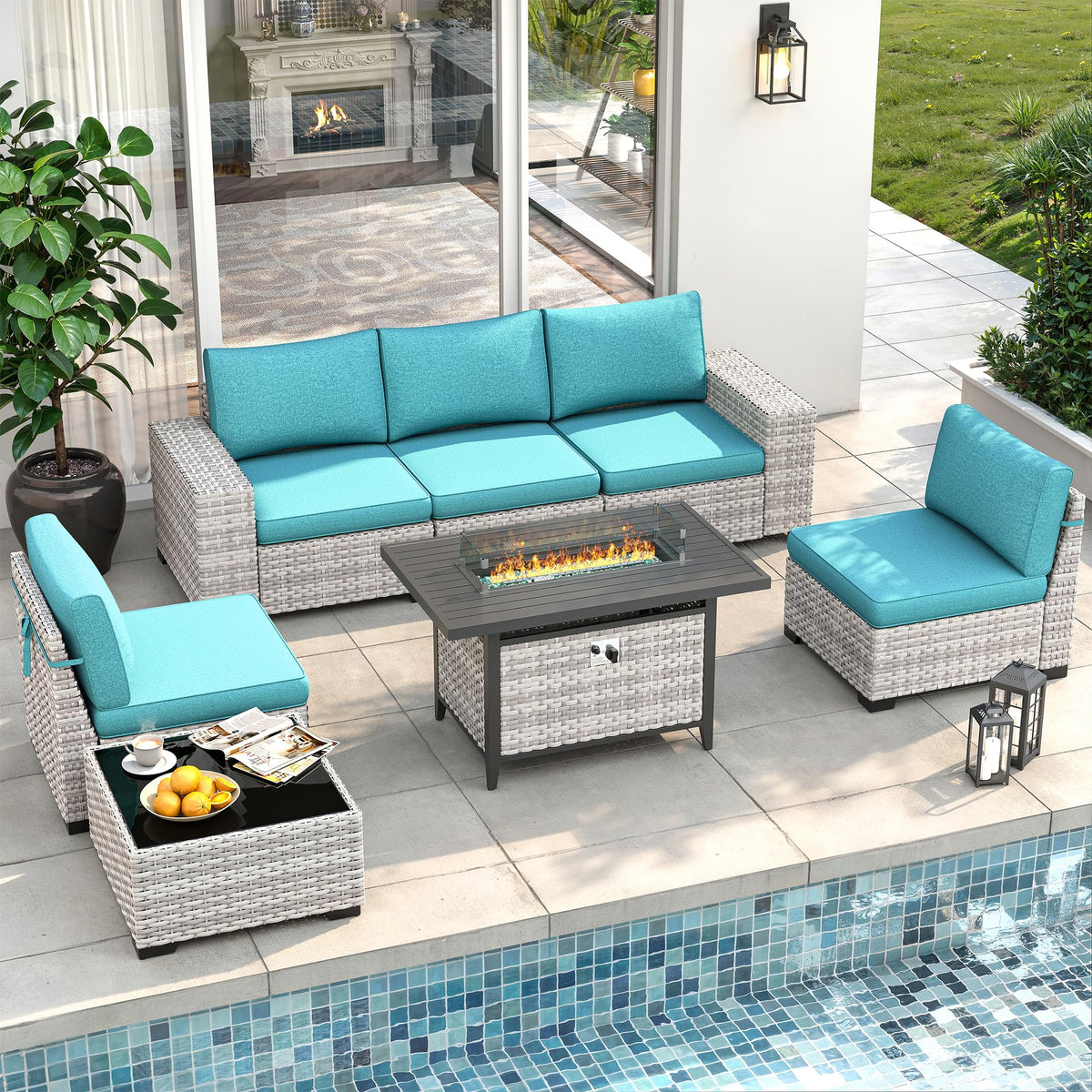 7 Piece Outdoor Wicker Patio Furniture Set with Fire Pit Table