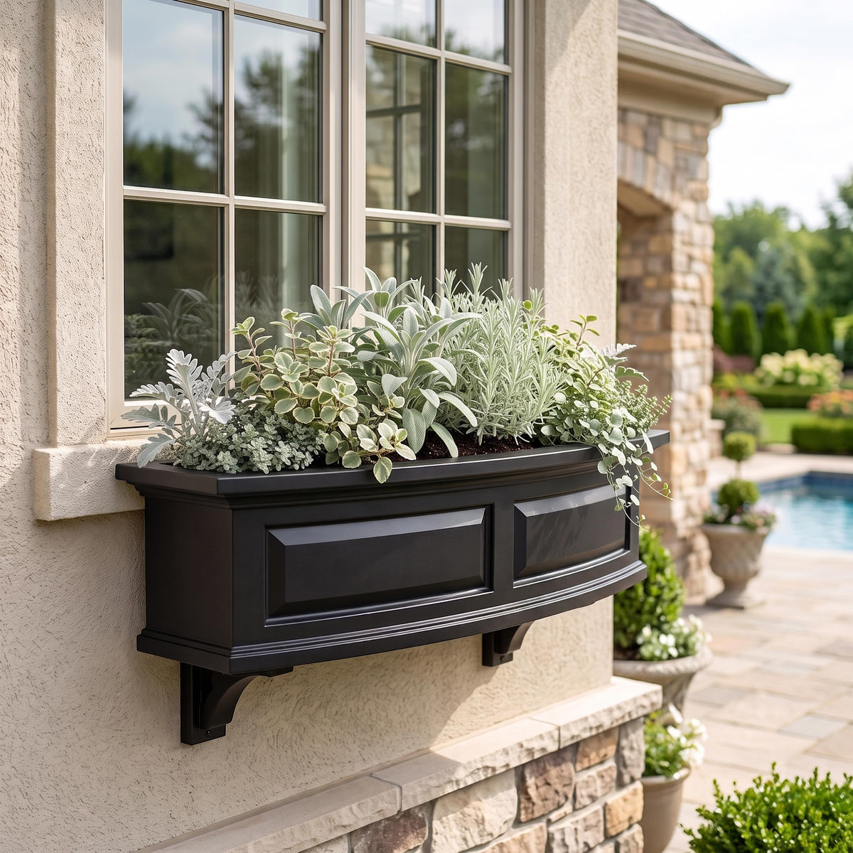 Mayne Newhaven 36in Self-Watering Rectangular Window Box Planter, Black