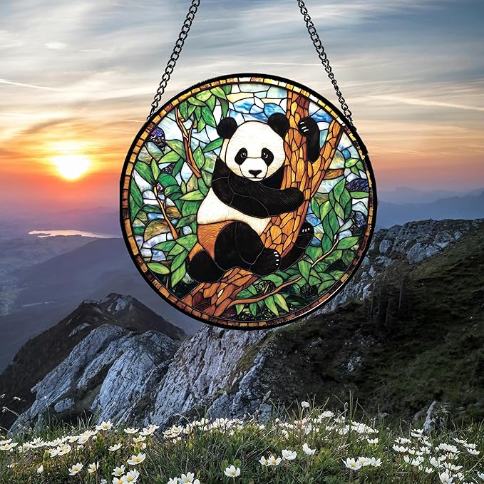 Stained Glass Window Hanging - Cute Panda Suncatcher for Doors Garden Patio Sun Catchers Decor Christmas Mother's Day Birthday Teenager Gifts for Women Men Mom Nana Friend 15 in