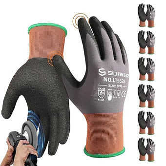 Schwer 6 Pairs Safety Work Gloves Sandy Nitrile Coated LT5626, Max Abrasion Resistant Heavy Duty Working Gloves with Grip for Men Women, Touch-Screen, for General Use, Mechanic, Construction, M