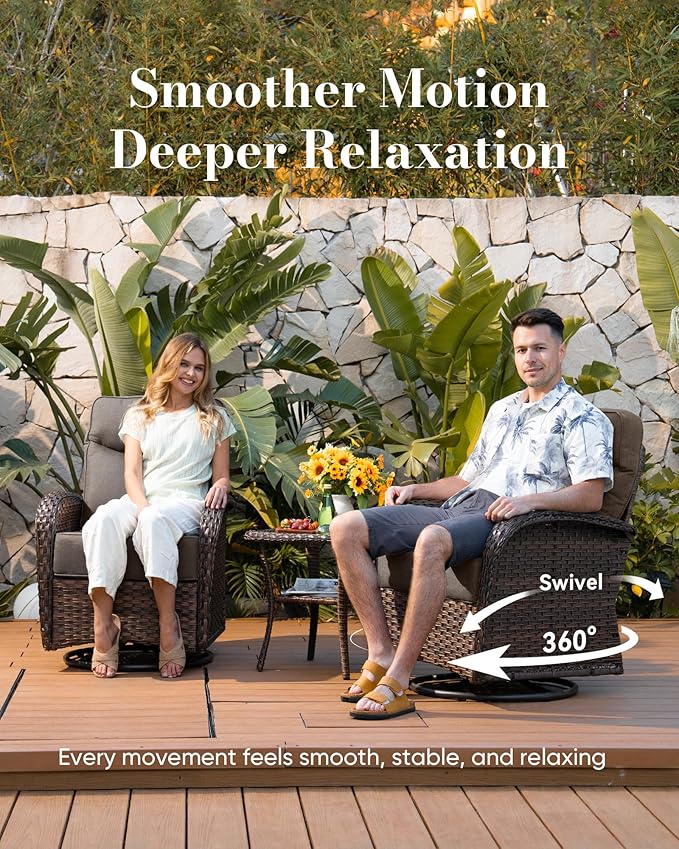 Belord Upgraded 6“ Cushion Luxury Patio Furniture Set with Fire Pit Table - 7 Piece Wicker Furniture Set with High Back Swivel Rocker Patio Chairs, Conversation Set for Deck Porch Yard - Brown/Grey