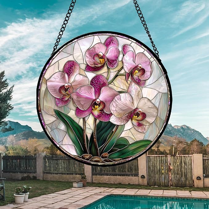 AMDERVEN Stained Glass Window Hanging - Pink Purple Phalaenopsis Flowers Sun Catcher for Door Home Decor Plant Suncatcher Christmas Mother's Day Birthday Gifts for Women Men Mom Nana 7.8 in
