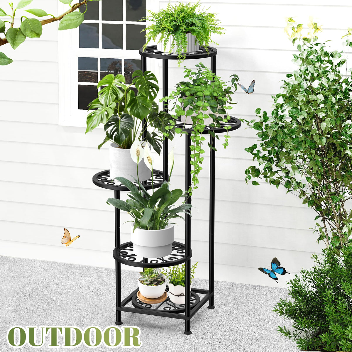 YOCOMEY 5 Tier Plant Stand Indoor Outdoor, Metal Shelf Holder Corner Black