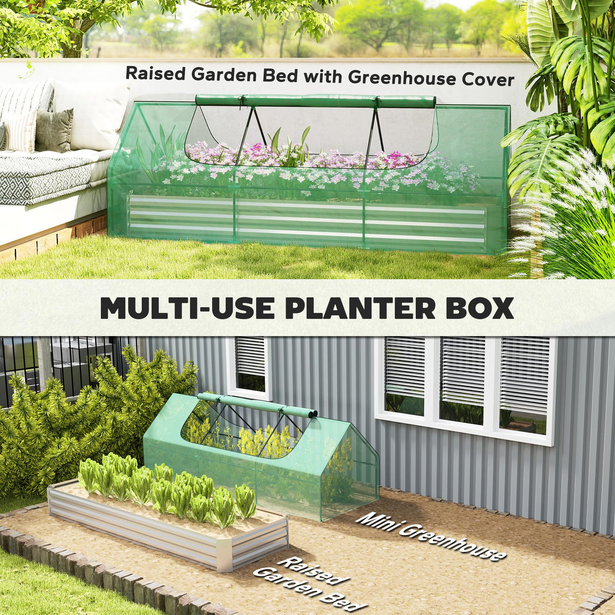 Outsunny 8.6 x 3 x 1ft Metal Planter Box with Mini Greenhouse, Green/Silver