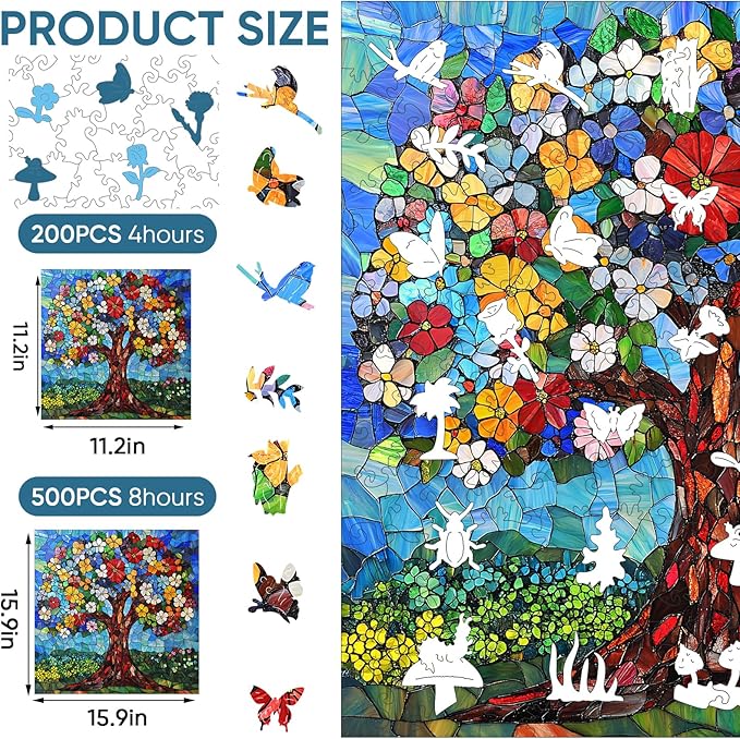 Delobil Jigsaw Puzzles, Flower Tree Wooden Puzzles for Adults, 200 Piece Unique Shaped Stained Glass Puzzle for Kids, Plant Art Birthday Gifts Family Game, 11.2 x 11.2 Inches