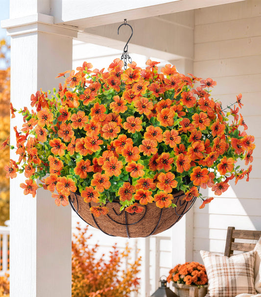 HyeFlora Artificial Fake Fall Hanging Plants Flowers Basket for Outdoor Decor, Faux Silk Orange Mums Daisy in Planter Look Real UV Resistant for Autumn Porch Home Patio Garden Yard Decoration
