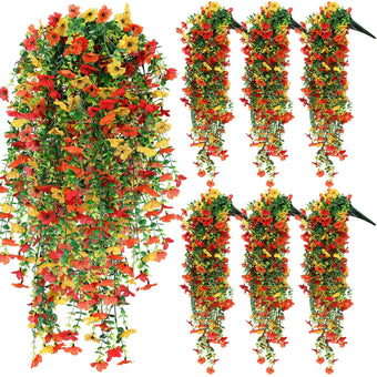 FineCheer 6 Pcs Fall Artificial Hanging Flower Outdoor, Red, Yellow, Orange