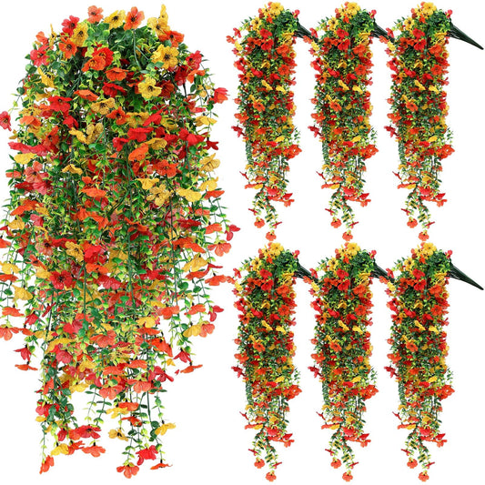 FineCheer 6 Pcs Fall Artificial Hanging Flower Outdoor, Red, Yellow, Orange