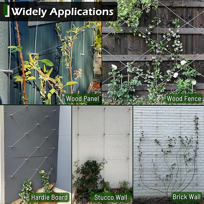 Acemaker Wire Trellis for Climbing Plants Outdoor, 12-Set Wall Wire Trellis Kit with 1/8in x 53ft Stainless Steel Cable, T316 Cylindrical Espalier System for Fence and Garden DIY Projects