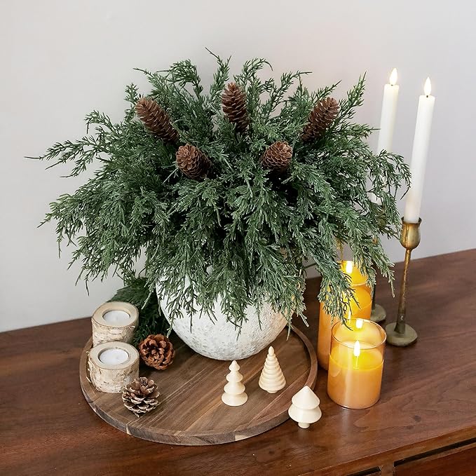 Cedar Stems Artificial Norfolk Pine Branches for Christmas Decor, 12 PCS Fake Pine Stems with 5 PCS Big Pine Cones Branches Realistic Fake Plants Faux Greenery for Vases DIY Garland Xmas Table Indoor