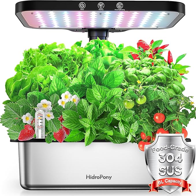 Stainless Steel Hydroponics Growing System kit Indoor Garden: 15 Pods Herb Garden with 24W Full Spectrum Grow Light, Hydroponic Gardening System with Silent Pump, Planting Height Up to 19.7" (Sliver)
