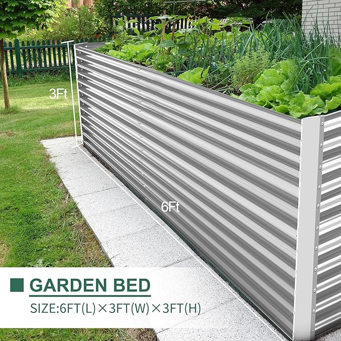 Land Guard 6x3x3ft Rectangular Galvanized Raised Garden Beds, Large-Capacity Metal Planter Box Outdoor, Durable Deep Raised Garden Bed 3ft Tall, Raised Beds for Gardening Vegetables, Classic Silver