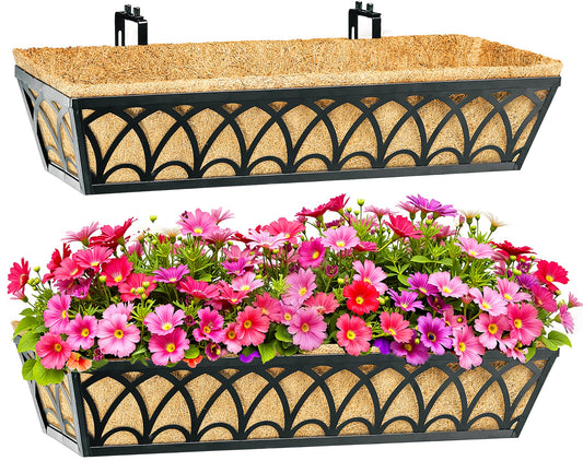 30 Inch Railing Planter Box Window Boxes Planters - 2 Pack Deck Railing Planter Boxes with Adjustable Brackets Coco Liners Balcony Planters Railing Hanging for Window Flower Boxes Outdoor Garden Decor