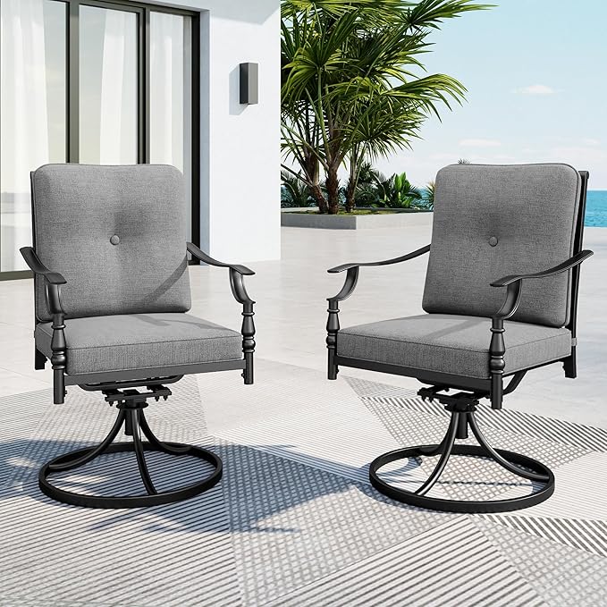 MFSTUDIO Patio Swivel Chairs Set of 2, Outdoor Dining Chairs with Cushions, Heavy Duty Patio Chairs for Deck Backyard Lawn Garden, Metal Frame, Grey
