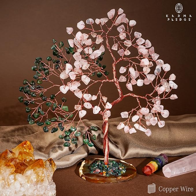 Crystal Tree for Women Office Decor, Handmade Green Aventurine & Rose Quartz Healing Stones Tree of Life for Positive Energy, Money, Good Luck, Feng Shui Home Decor, Spiritual Gifts for Women