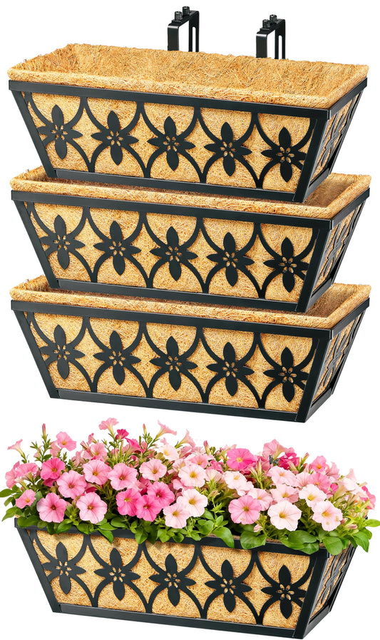 16 Inch Window Boxes Planters Railing Planter Box - 4 Pack Deck Railing Planter Boxes with Adjustable Brackets Coco Liners Balcony Planters Railing Hanging for Window Flower Boxes Outdoor Garden Decor