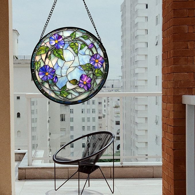 DASTOLL Stained Glass Window Hanging, Purple Morning Glory Flowers Suncatcher for Doors Window Home Plant Sun Catchers Decoration Mother's Day Birthday Gifts for Women, Men, and Mom 11.8x11.8 in