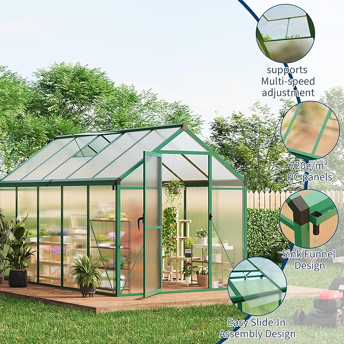 6X10 FT Greenhouse for Outdoors, Large Walk-in Polycarbonate Greenhouse Kit, Aluminum Frame, Lockable Door, Roof Vent, Ground Spikes, for Garden, Patio, Backyard, Outdoor Plant Growth