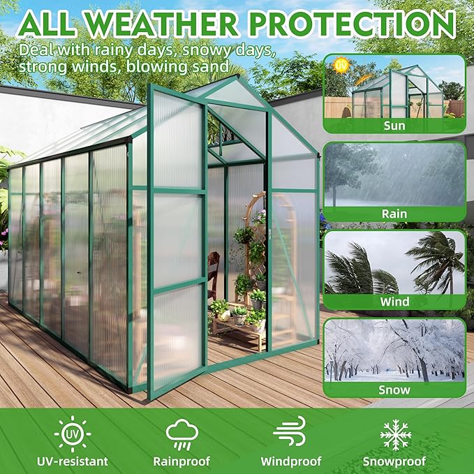 6x10 FT Greenhouse,Outdoor Greenhouse W/ Roof Vent,Walk-in Aluminum Polycarbonate Green Houses W/ Drainage System & Ground Nails,for Outside Garden,Backyard,Patio,Lawn,Green