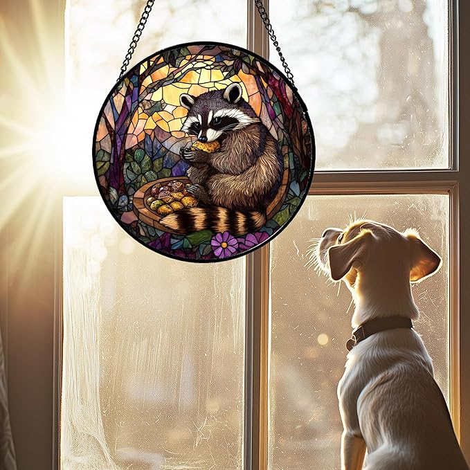 Stained Glass Window Hanging Brown Raccoon Forest Scenery Large 15" - Suncatcher Door Garden Sunroom Sun Catcher Home Decor Birthday Christmas for Mom Men Woman Nana