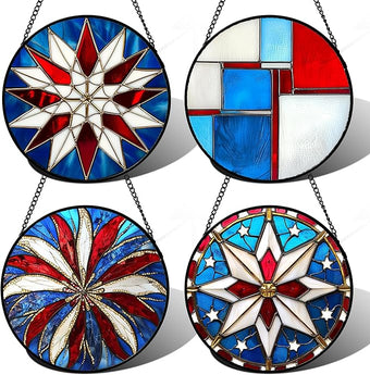 AMDERVEN Stained Glass Window Hanging 4 Pcs Set Abstract Flowers in Red White Blue 6.3" - Suncatcher Door Garden Sun Catcher Decor Birthday Mother's Day Xmas Gift for Mom Woman Nana Men Parents