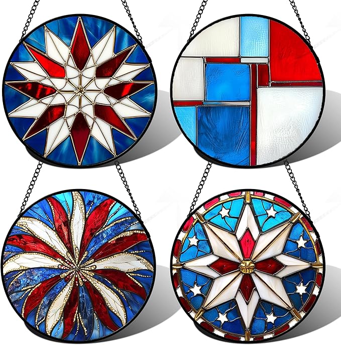 AMDERVEN Stained Glass Window Hanging 4 Pcs Set Abstract Flowers in Red White Blue 9.8" - Suncatcher Door Garden Sun Catcher Decor Birthday Mother's Day Xmas Gift for Mom Woman Nana Men Parents