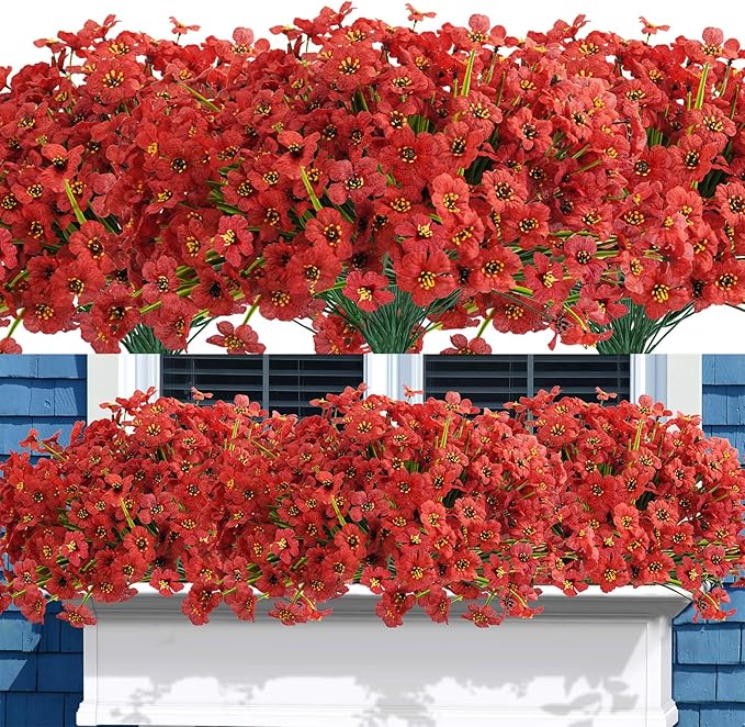 Uieke 16PCS Artificial Flowers for Outdoors, UV Resistant Fake Flowers No Fade Faux Plastic Plants for Garden Porch Window Box Home Décor (Red)