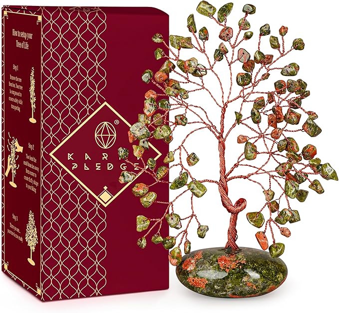 KARMAPLEDGE Crystal Tree of Life Home and Office Feng Shui Decor, Unakite Healing Crystal Handmade Bonsai Tree for Positive Energy, Good Luck, Money, Christmas Decor, Birthday Gifts for Women, Mom