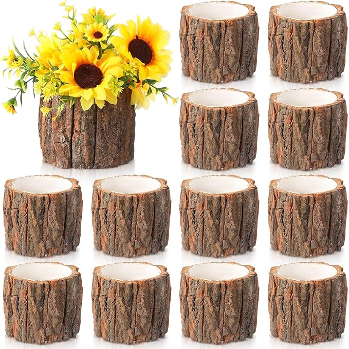 12 Pcs Wooden Vase for Centerpieces Woodland Table Decor Wooden Flower Vase Rustic Bark Stump Buckets Vintage Wood Planter Pots for Garden Party Wedding Window Home Farmhouse (Large)
