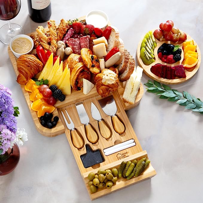 Large Bamboo Charcuterie Board Gift Set with Hidden Drawer, Fruit Tray, Knives & Bowls for Hosting & Holiday Entertaining