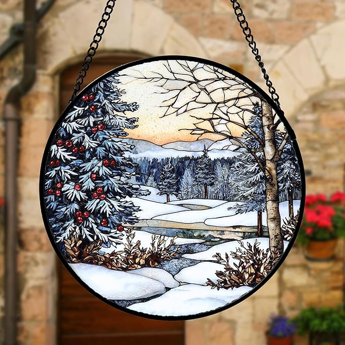 DASTOLL Stained Glass Window Hanging, Winter Snow Landscape Suncatcher Diamond Glass Panel Sun Catchers Decor for Birthday for Women, Men, Wife, Aunt, and Mom 9.8 in