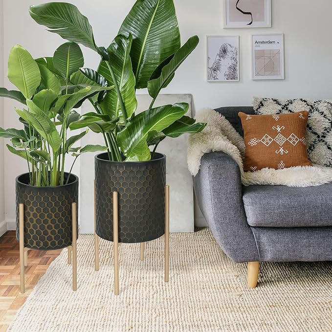 Oakrain Mid Century Planters for Indoor Plants, Set of 2, Modern Decorative Metal Pots for Living Room, Office, Garden or Balcony, Black&Golden Honeycomb, 10inch&12inch