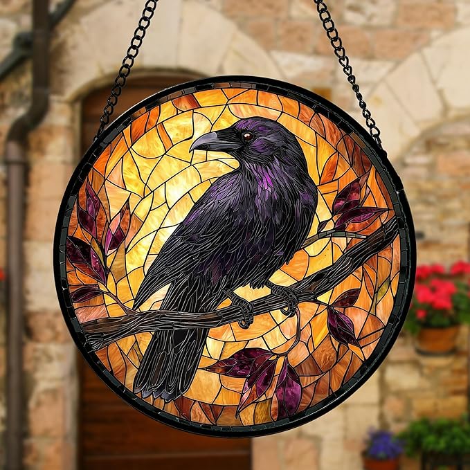 DASTOLL Stained Glass Window Hanging - Crow on a Branch Suncatcher Ready to Hang Window Doors Home Decoration and Christmas, Mother's Day Birthday Gifts for Women, Men, and Mom 11.8x11.8 in