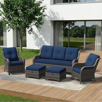 5 Piece Outdoor Wicker Patio Furniture Set, Patio Chairs Set with Thickened Olefin Cushions, High Back and Deep Seating, Hand-Woven PE Rattan, Ottoman for Porch, Deck