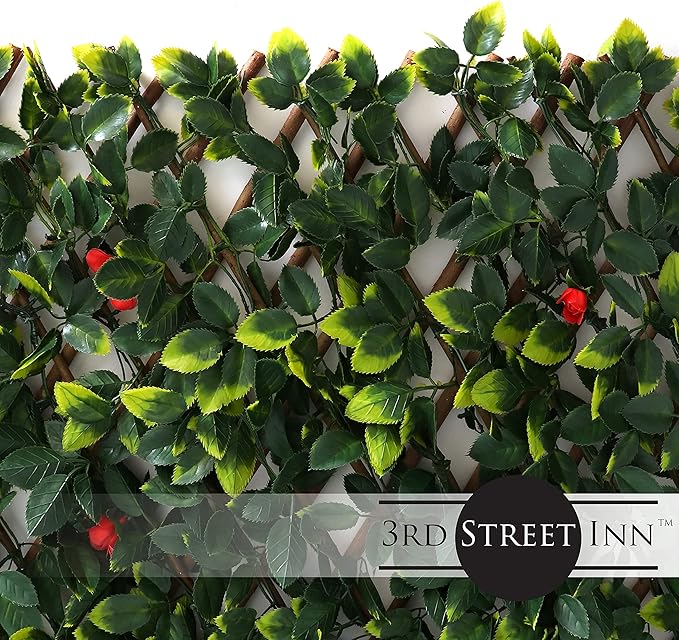 3rd Street Inn™ Leaf Trellis - Bamboo Greenery Panel - Boxwood and Ivy Privacy Fence Substitute - DIY Flexible Fencing (4, Red Rose Rattan)