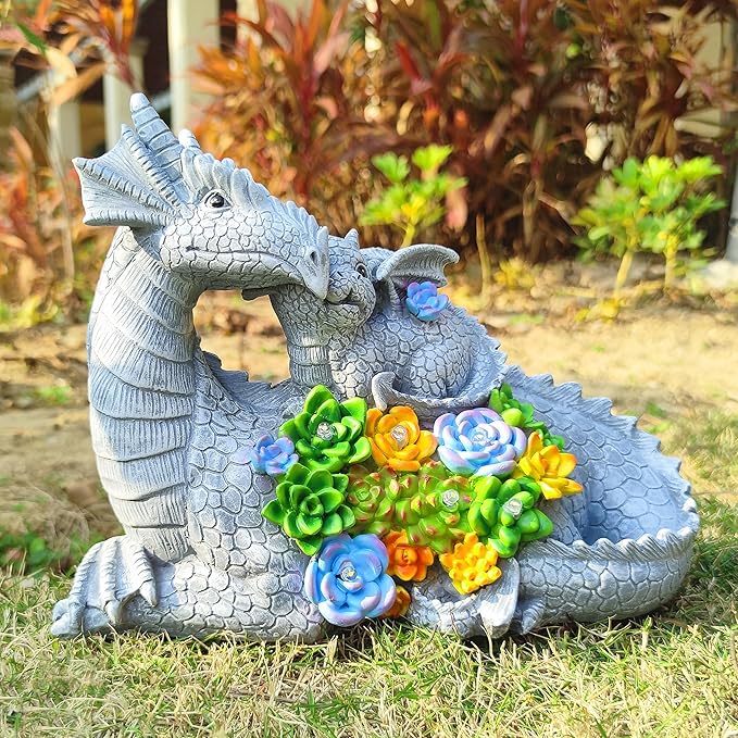 Solar Dragon Garden Statues Outdoor Decor, Resin Dragon Figurine with Succulent and 6 LED Lights Lawn Patio Balcony Art Decoration,Housewarming Birthday Gifts for Grandma Mom Women