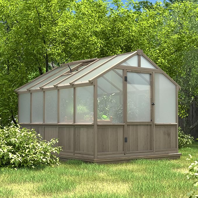 MUPATER 8 x 10FT Wooden Greenhouse with 6mm Polycarbonate Panels for UV Protection and Heat Insulation, Adjustable Ventilated Window & Lockable Door, Walk-in Greenhouse for Outdoors, Patio, Backyard