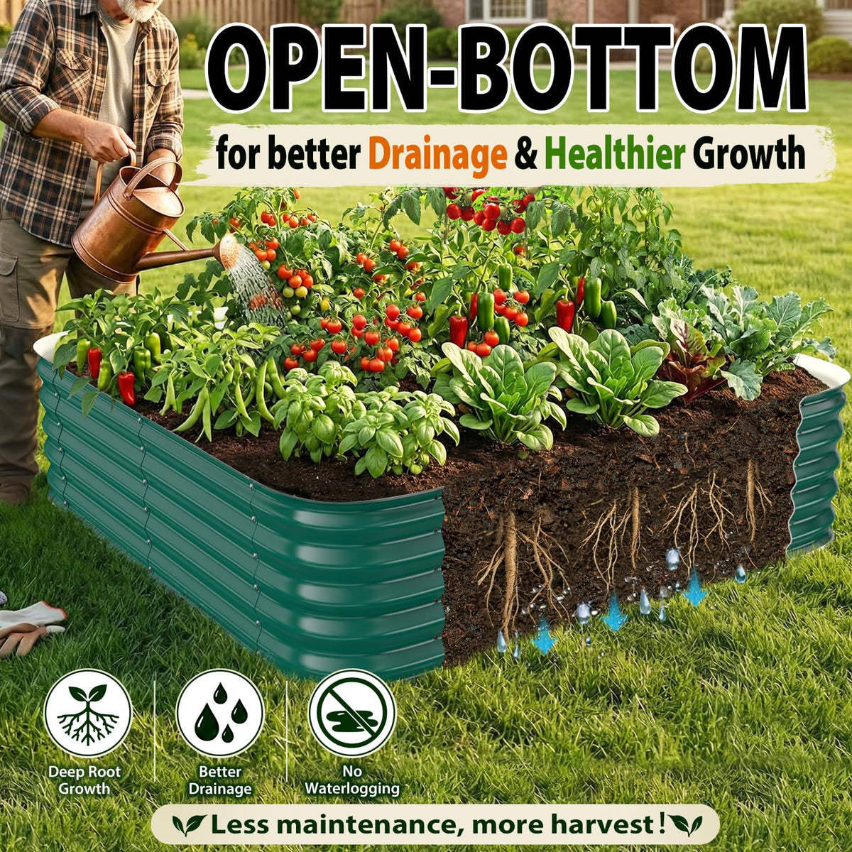Square Raised Garden Bed 4x4 ft for Vegetables, Herbs & Flowers, 12" Deep