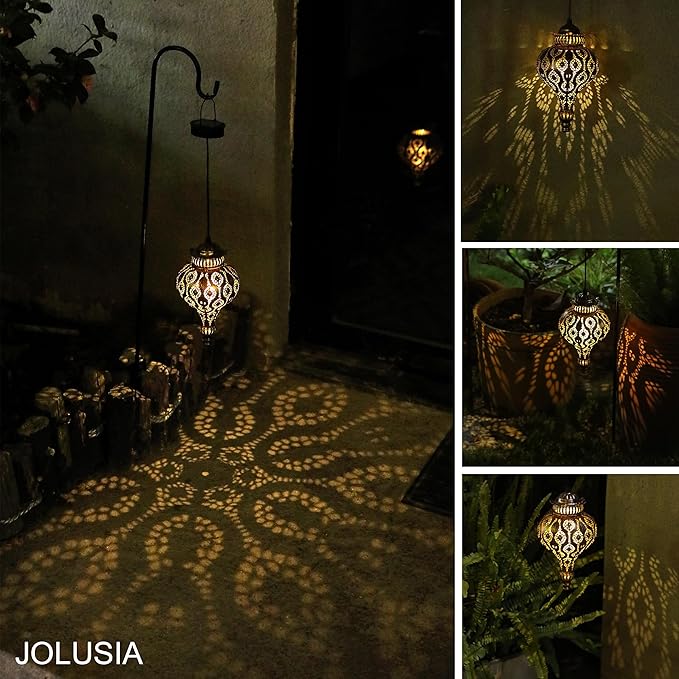 Moroccan Solar Lanterns Outdoor Waterproof Bronze Hanging Lanterns Outdoor Ramadan Garden Decor Gardening Gifts for Women Mom Grandma Solar Lights for Patio, Pathway, Yard, Porch, Backyard.