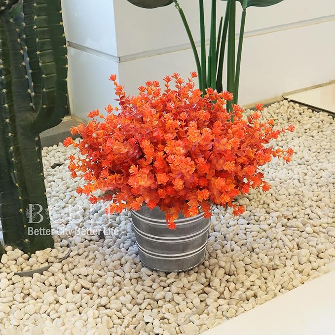 BCBLF Artificial Flowers for Outdoors, 12 Bundles UV Resistant Realistic Faux Plants for Outside Porch Planter, Spring Summer Home Garden Decoration, Red Orange