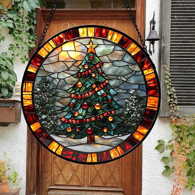 Stained Glass Window Hanging - Winter Christmas Tree Suncatcher Ready to Hang Window Doors Home Decoration, Christmas, Mother's Day Birthday Gifts for Women, Men, and Mom 14.9x14.9 in
