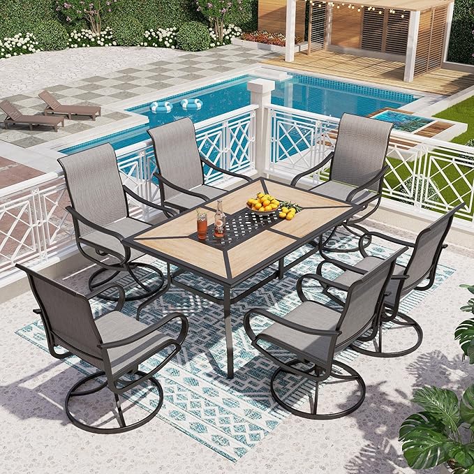 PHI VILLA 7 Piece Patio Dining Set, 6 Swivel Patio Chairs with Textilene Mesh Fabric & Rectangular Wooden-Like Dining Table(1.6" Umbrella Hole), All Weather Patio Chairs and Table Set for Deck (Grey)
