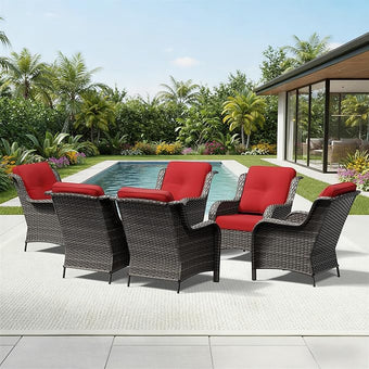 Joyside 6 Piece Wicker Patio Furniture Set, Rattan Patio Chairs with High Back, Deep Seating, Wide Armrest, Thickened Cushions, Outdoor Furniture for Deck, Porch Use