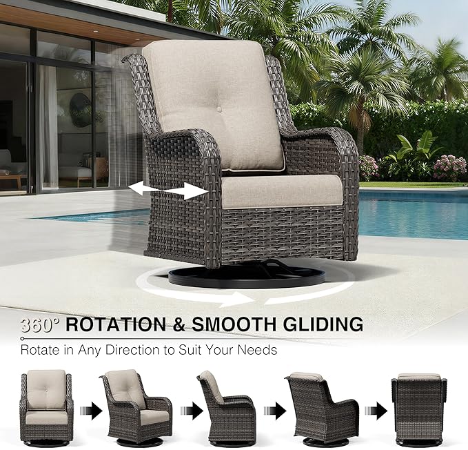Joyside 4 Piece Wicker Patio Furniture Set, Outdoor Swivel Rocker Patio Chairs with High Back, Deep Seating, Wide Armrest, Thickened Cushions, Outdoor Furniture for Deck, Porch Use